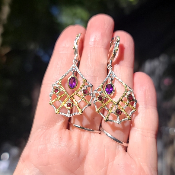 Amethyst & Rhodolite sterling & gold web 🕸 chandelier Earrings - Picture 5 of 5